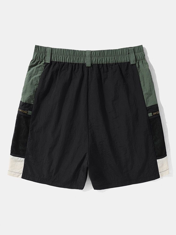 Herr Colorblock Zip Pocket Bältade Elastiska Midja Shorts