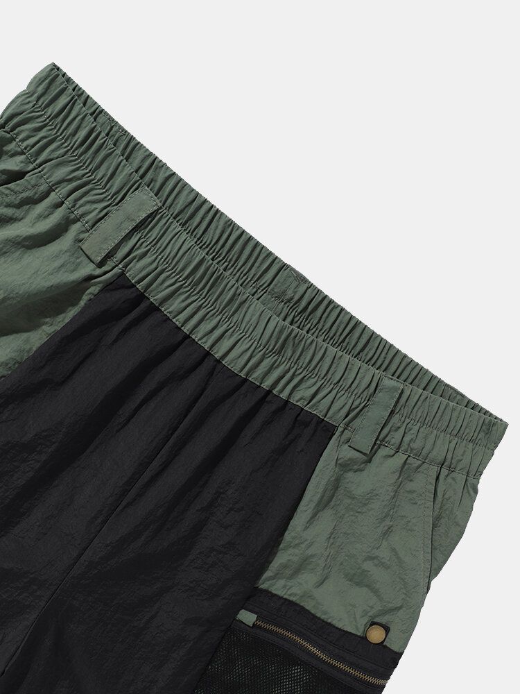 Herr Colorblock Zip Pocket Bältade Elastiska Midja Shorts