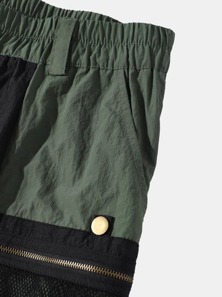 Herr Colorblock Zip Pocket Bältade Elastiska Midja Shorts