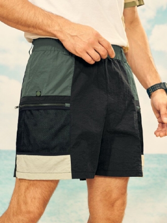 Herr Colorblock Zip Pocket Bältade Elastiska Midja Shorts