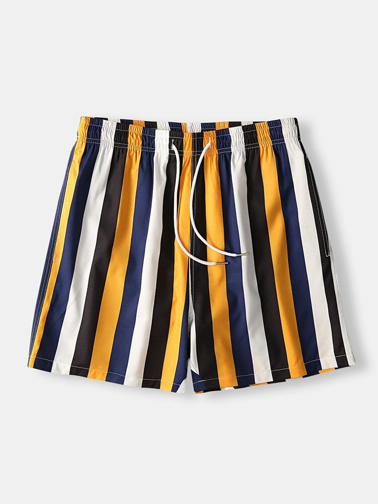 Herr Färgglada Stripe Shorts Snabbtorkande Mesh Foder Medellängd Beach Holiday Badbyxor Shorts