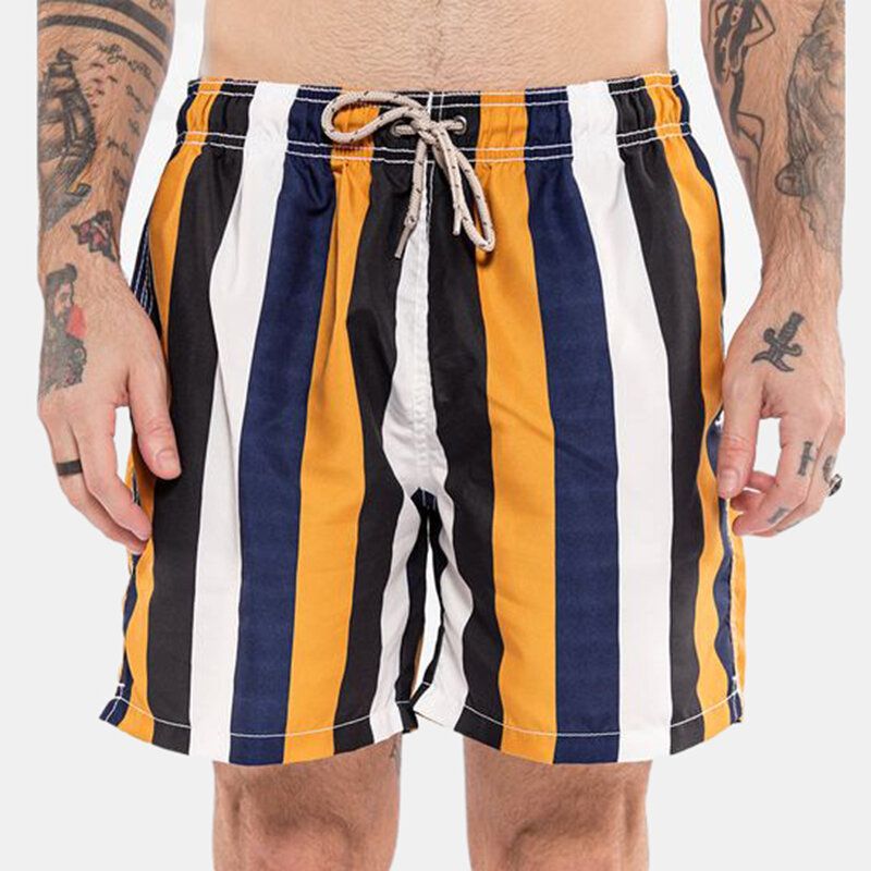 Herr Färgglada Stripe Shorts Snabbtorkande Mesh Foder Medellängd Beach Holiday Badbyxor Shorts