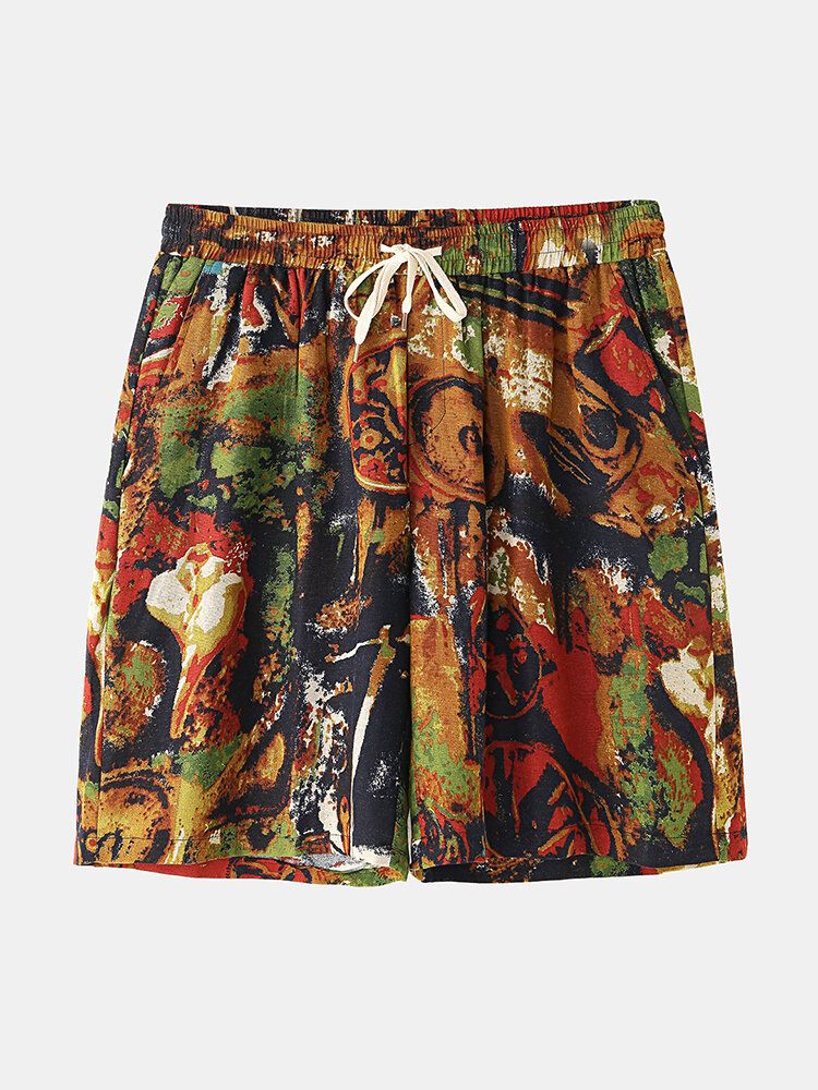 Herr Flerfärgstryck Vintage Stil Casual Shorts Med Ficka