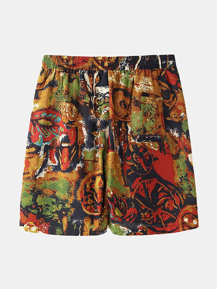 Herr Flerfärgstryck Vintage Stil Casual Shorts Med Ficka