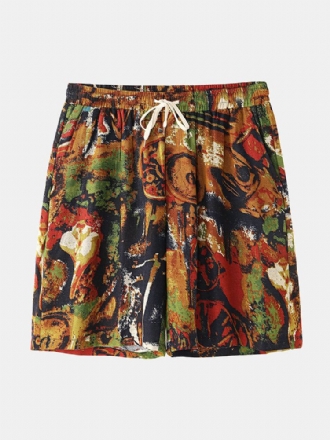 Herr Flerfärgstryck Vintage Stil Casual Shorts Med Ficka