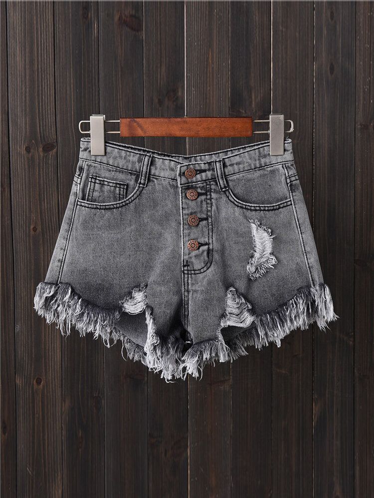 Kvinnor Button Up Pocket Lös Hollow Ripped Jeansshorts