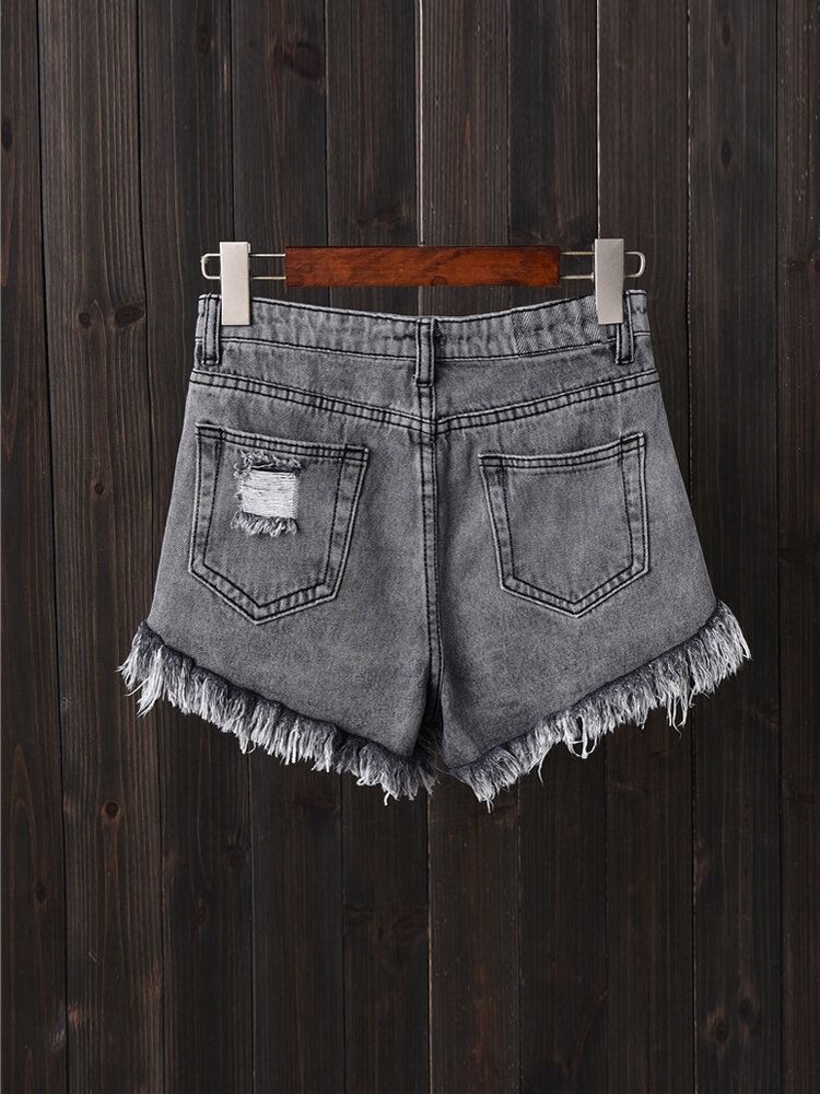 Kvinnor Button Up Pocket Lös Hollow Ripped Jeansshorts