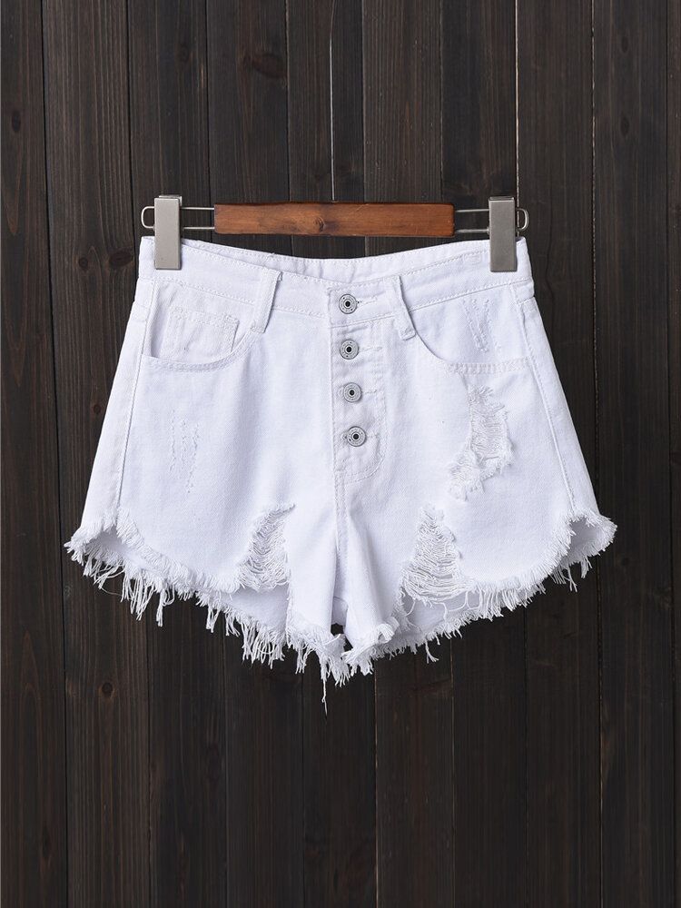 Kvinnor Button Up Pocket Lös Hollow Ripped Jeansshorts