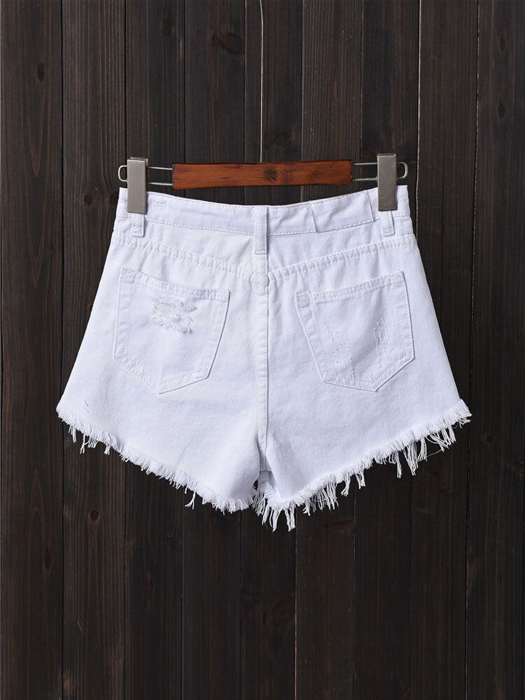 Kvinnor Button Up Pocket Lös Hollow Ripped Jeansshorts