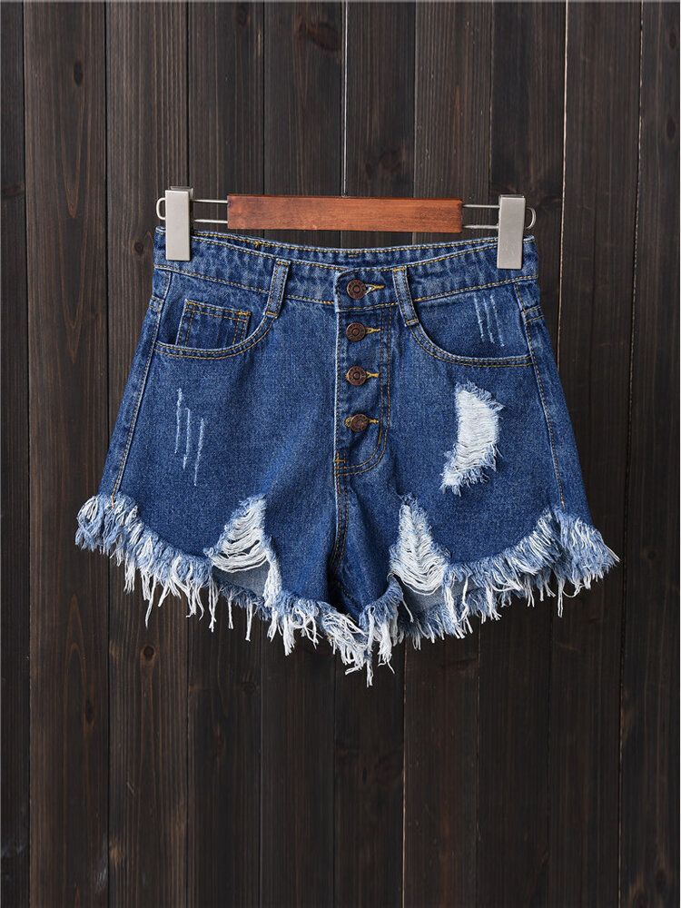 Kvinnor Button Up Pocket Lös Hollow Ripped Jeansshorts