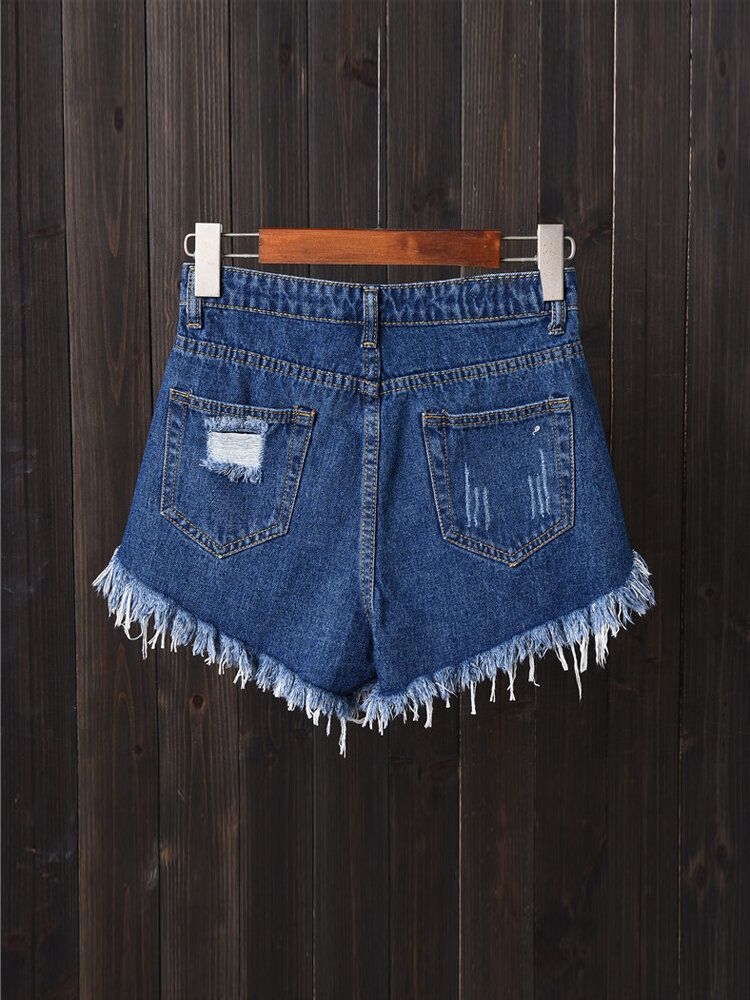 Kvinnor Button Up Pocket Lös Hollow Ripped Jeansshorts