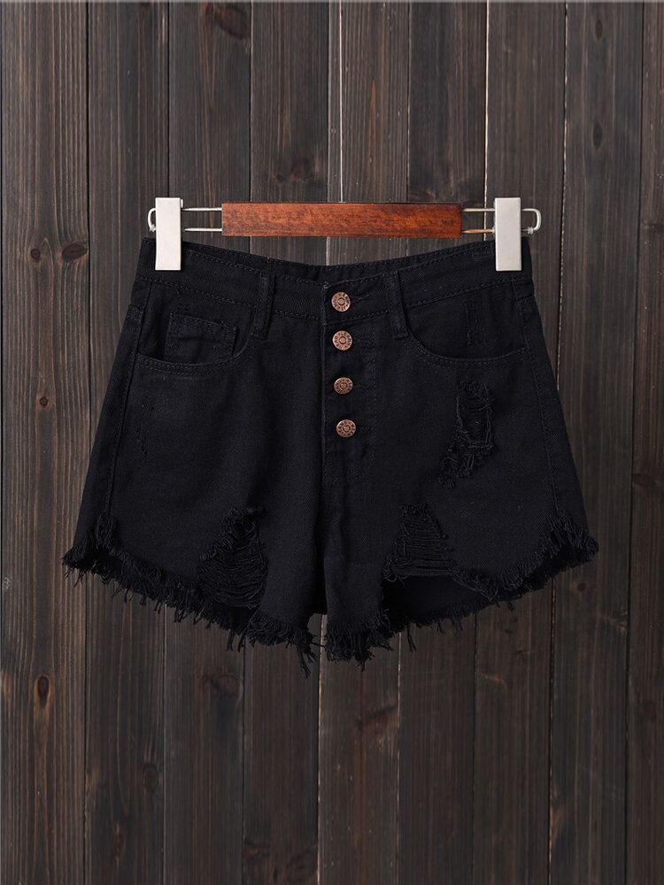 Kvinnor Button Up Pocket Lös Hollow Ripped Jeansshorts