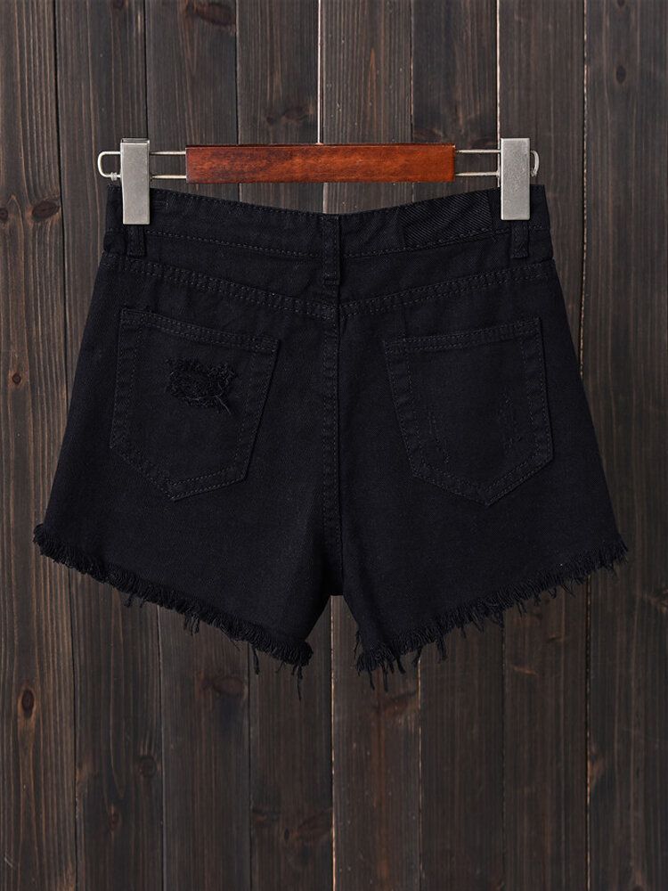 Kvinnor Button Up Pocket Lös Hollow Ripped Jeansshorts