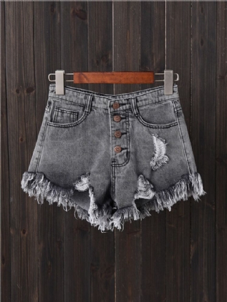 Kvinnor Button Up Pocket Lös Hollow Ripped Jeansshorts