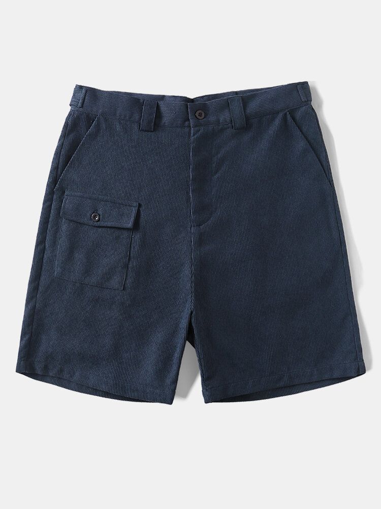 Män Solid Ribbed Belted Multi Pocket Stick Casual Mid Längd Shorts