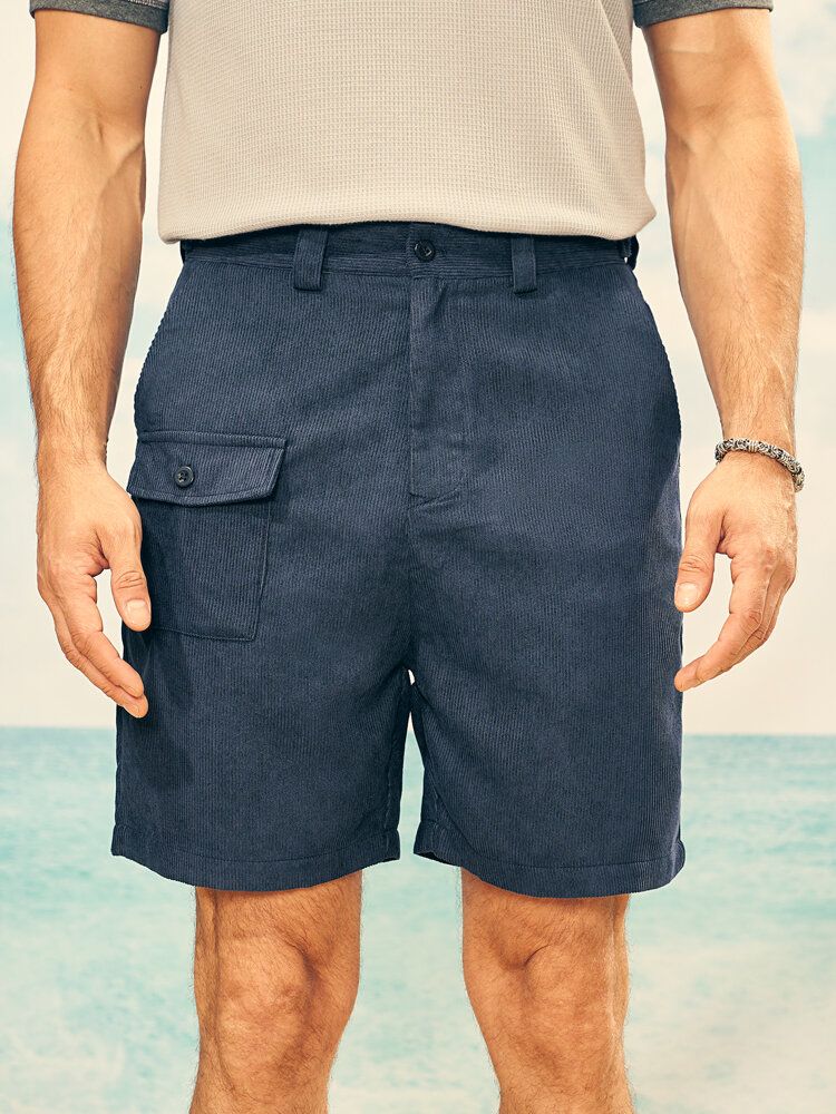 Män Solid Ribbed Belted Multi Pocket Stick Casual Mid Längd Shorts