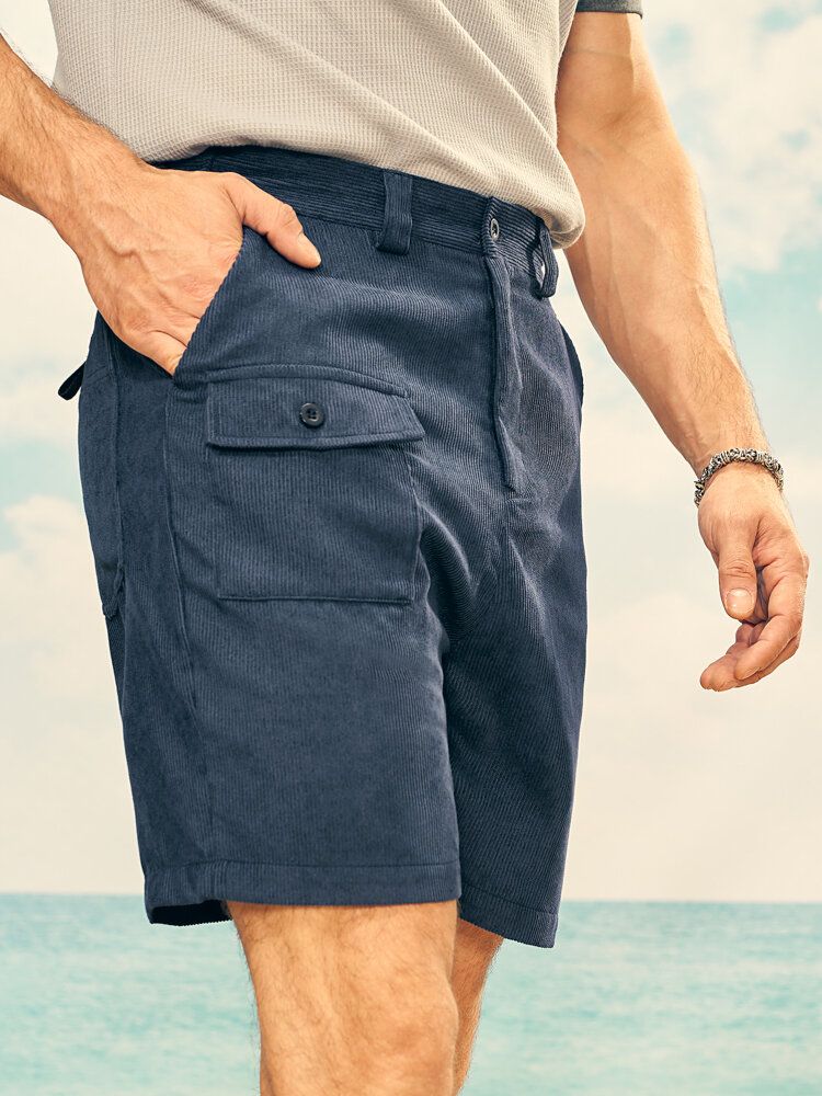 Män Solid Ribbed Belted Multi Pocket Stick Casual Mid Längd Shorts