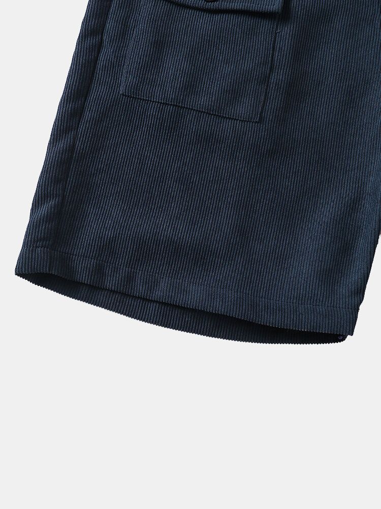 Män Solid Ribbed Belted Multi Pocket Stick Casual Mid Längd Shorts