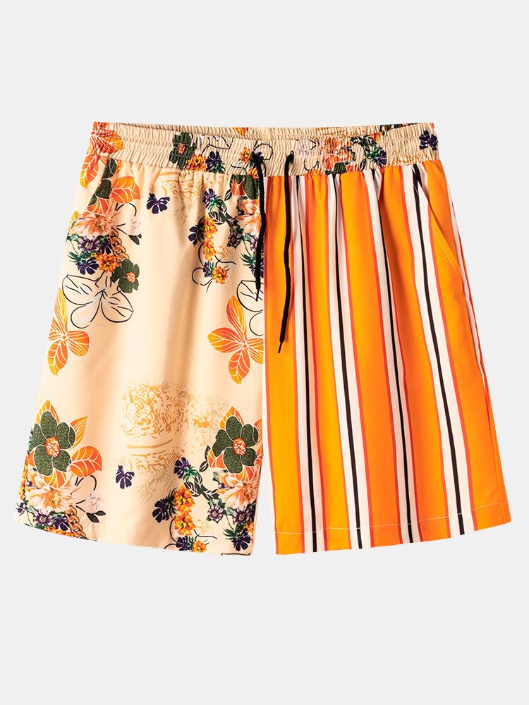 Randigt Lapptäcke Med Blommönster För Män Med Dragsko Bekväma Causla-shorts