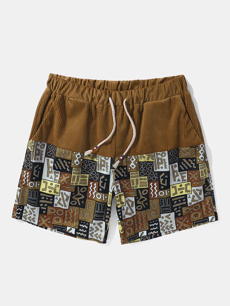 Tribal Patchwork För Män I Etnisk Stil Corduroy Shorts Med Dragsko