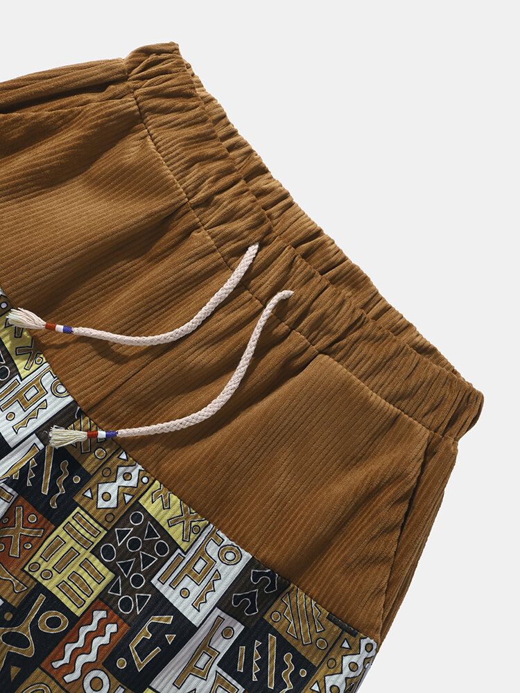 Tribal Patchwork För Män I Etnisk Stil Corduroy Shorts Med Dragsko