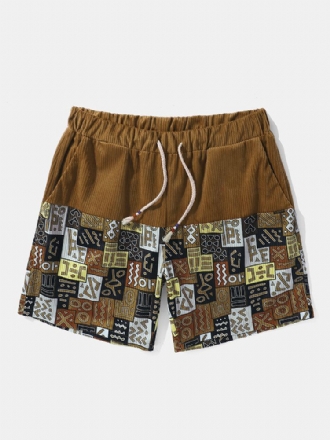 Tribal Patchwork För Män I Etnisk Stil Corduroy Shorts Med Dragsko