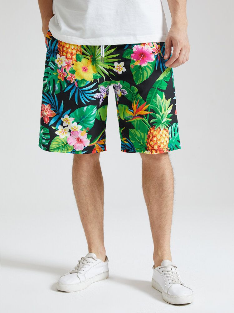 Tropical Pineapple Print För Män Midlånga Shorts Med Dragsko