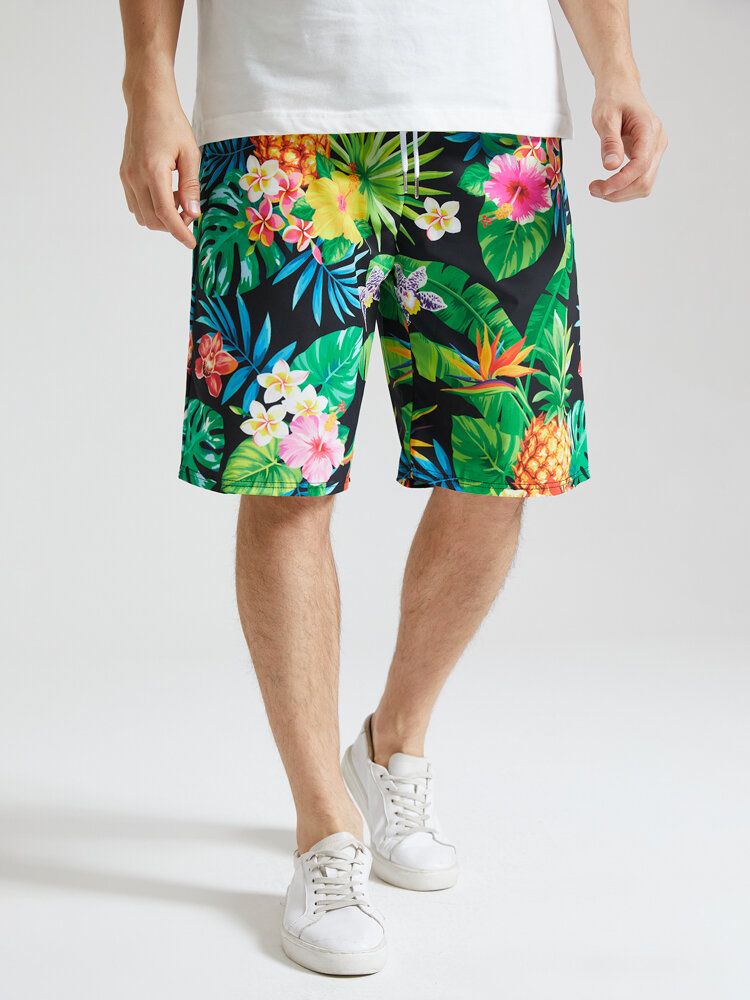 Tropical Pineapple Print För Män Midlånga Shorts Med Dragsko