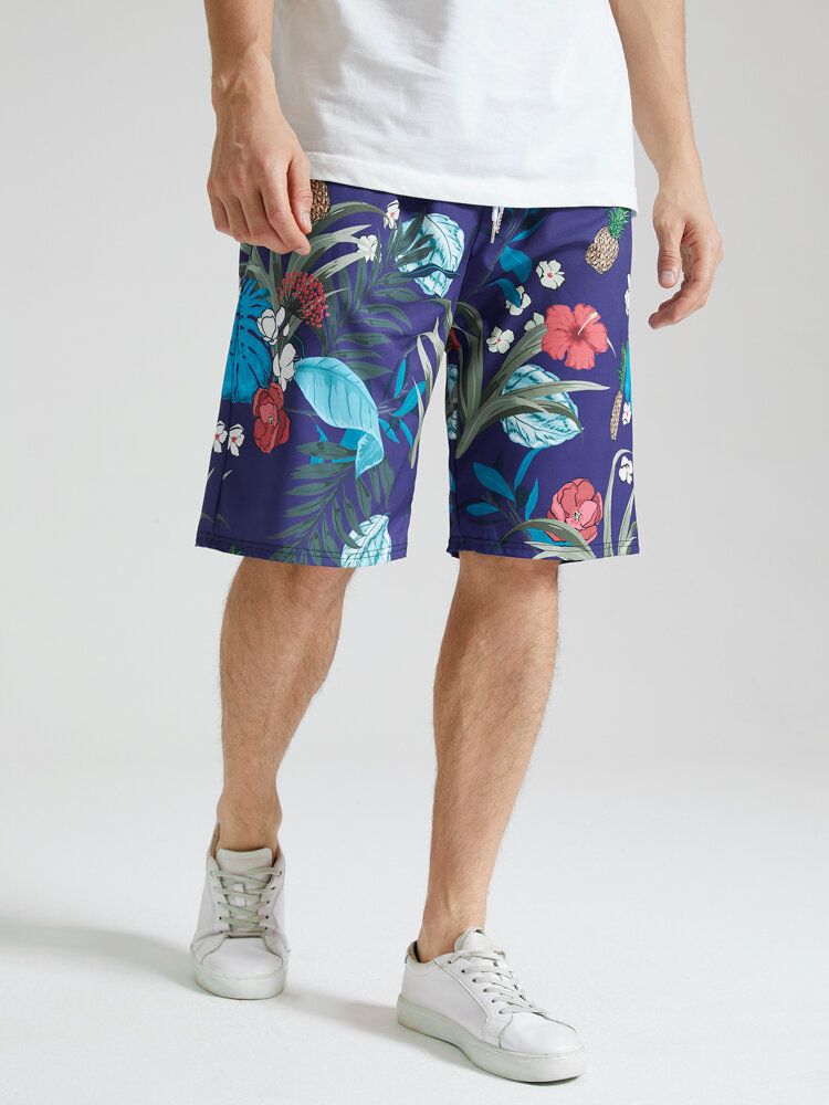 Tropiska Växter För Män Print Holiday Loose Shorts Med Dragsko