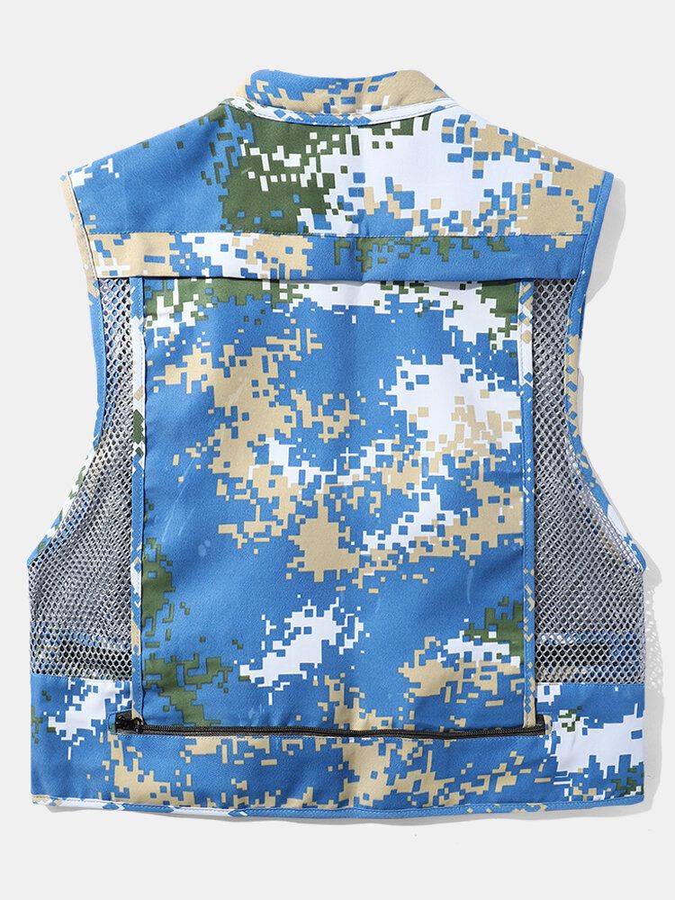 Herr Camouflage Print Mesh Patchwork Utility Zip Pocket Cargo Västar