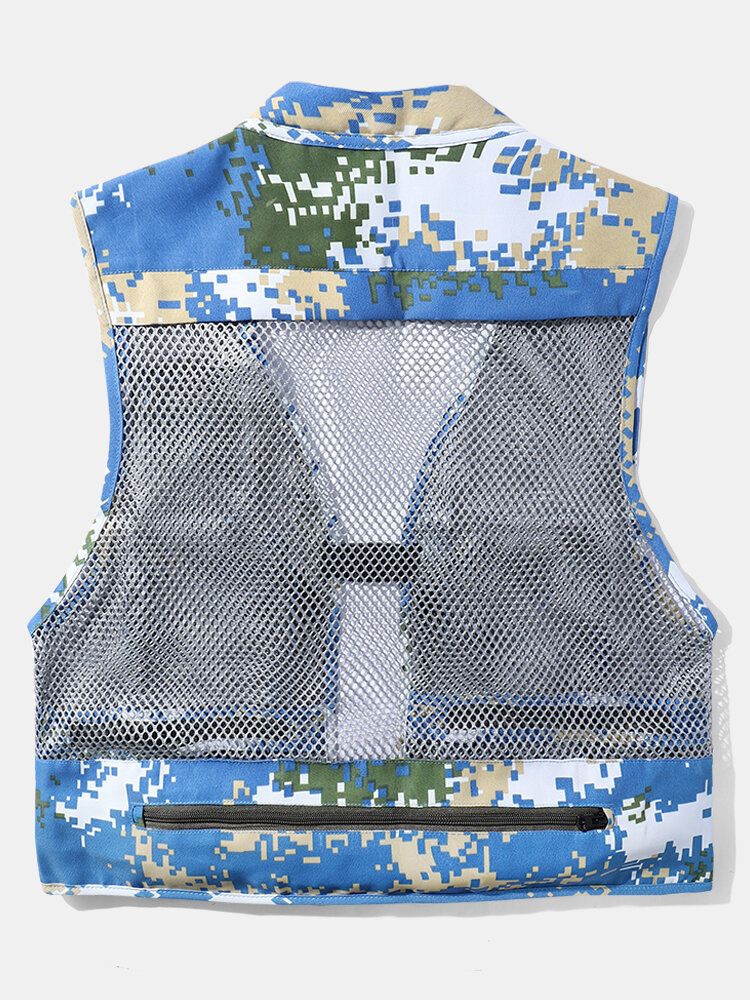 Herr Camouflage Print Mesh Patchwork Utility Zip Pocket Cargo Västar