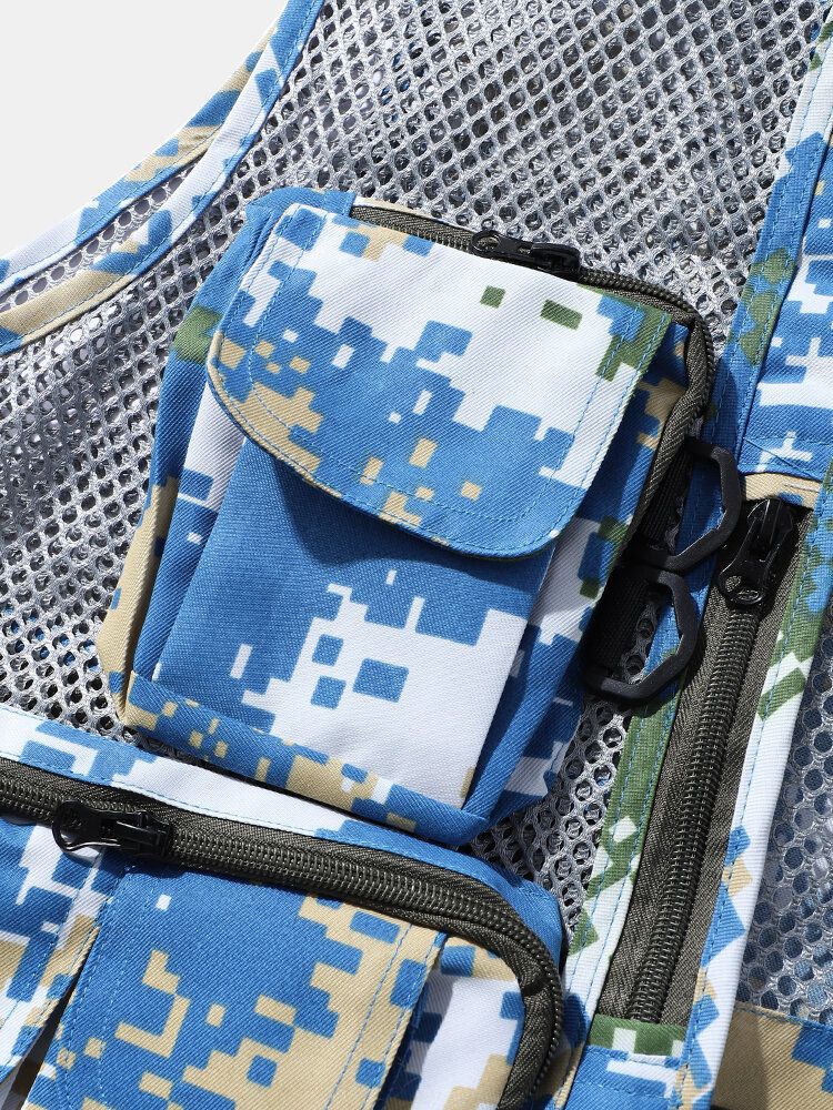 Herr Camouflage Print Mesh Patchwork Utility Zip Pocket Cargo Västar