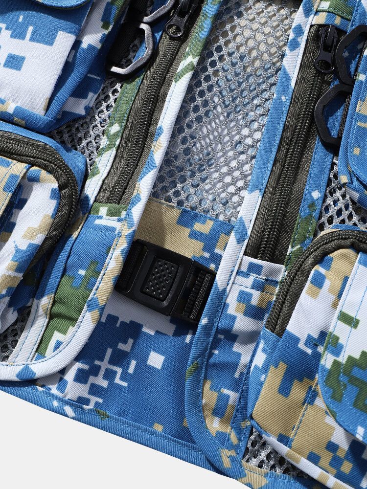 Herr Camouflage Print Mesh Patchwork Utility Zip Pocket Cargo Västar