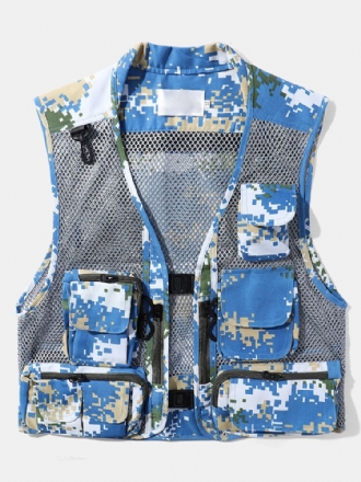 Herr Camouflage Print Mesh Patchwork Utility Zip Pocket Cargo Västar