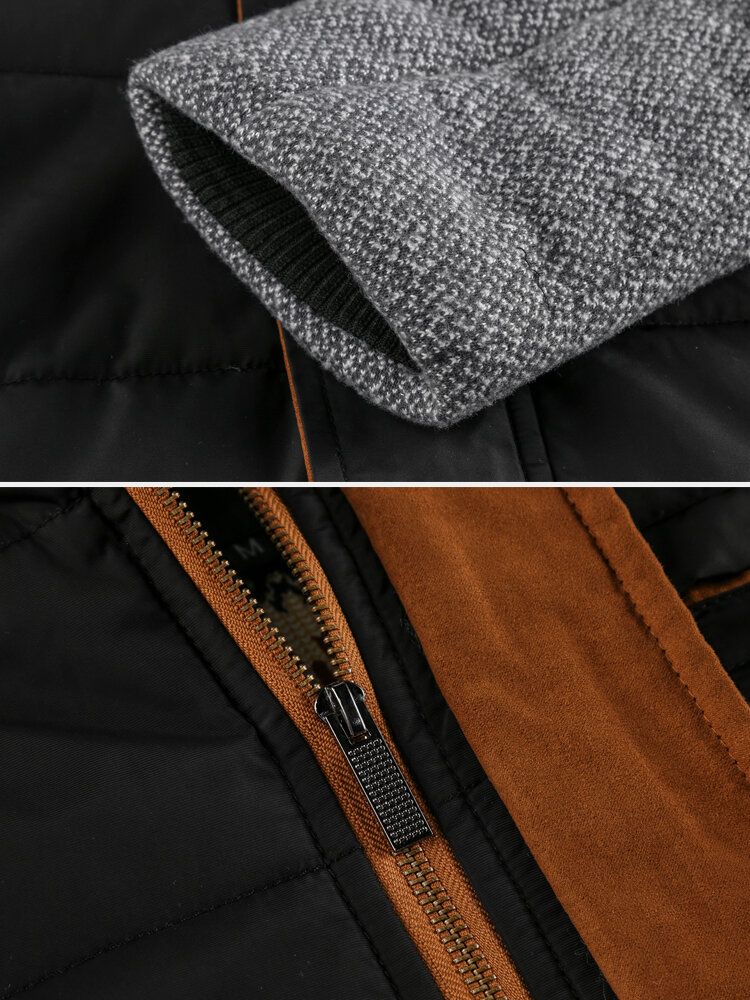 Herr Patchwork Thicken Zipper Långärmad Huvjacka Med Ficka