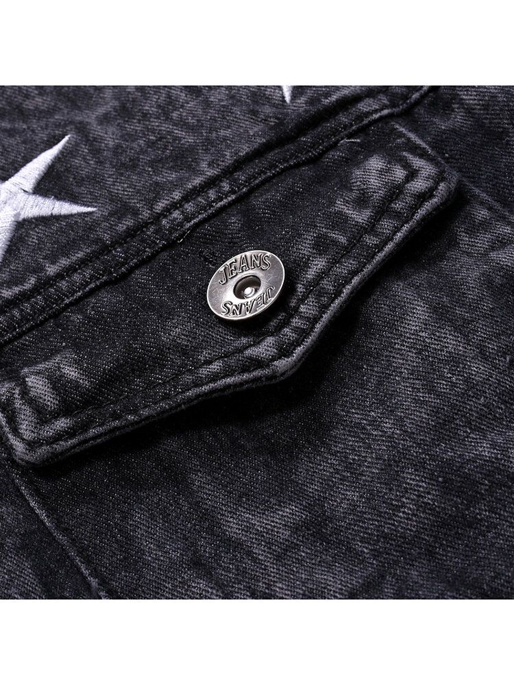 Modetryck För Män Fickdekoration Casual Washed Denim Jacka