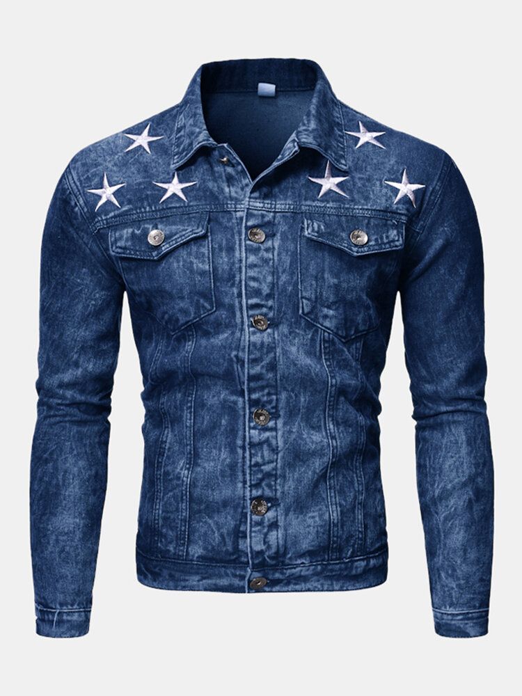 Modetryck För Män Fickdekoration Casual Washed Denim Jacka