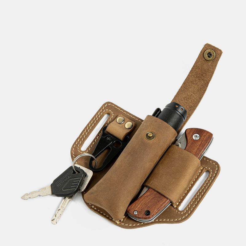 Män Äkta Läder Edc Fanny Pack Multitool Ficklampa Key Folding Kniv Organizer Midjebältesväska