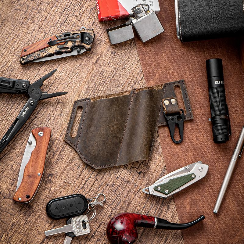 Män Äkta Läder Edc Multitool Ficklampa Key Folding Kniv Organizer Midjebältesväska