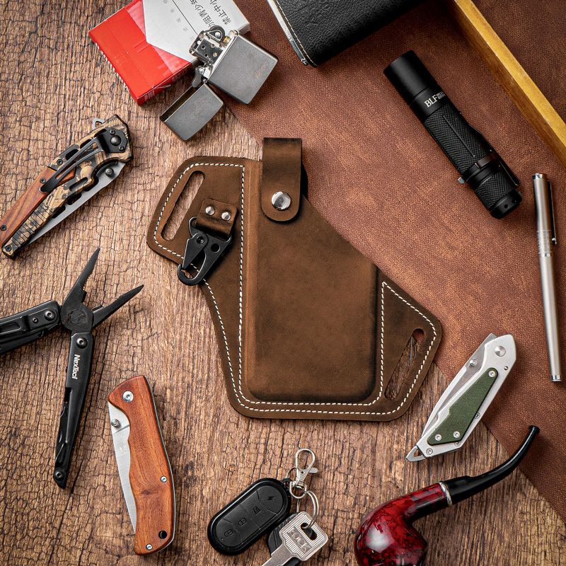 Män Äkta Läder Edc Multitool Mobiltelefon Nyckelring Organizer Midjebältesväska