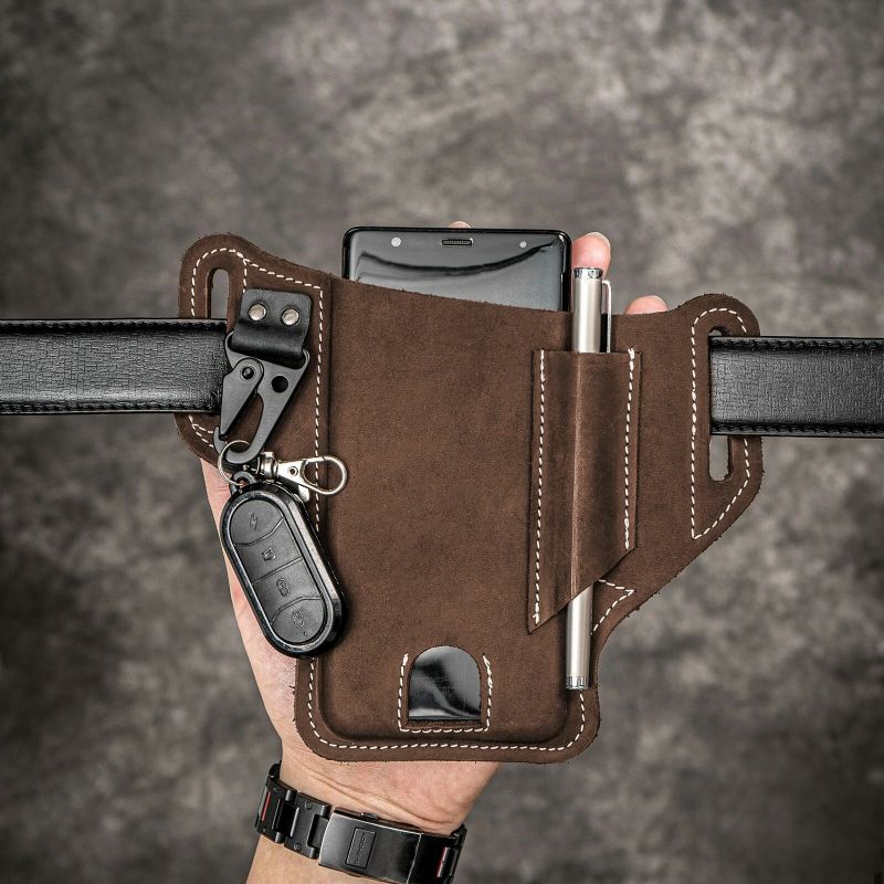 Män Äkta Läder Edc Multitool Mobiltelefon Penna Nyckelring Organizer Midjebältesväska