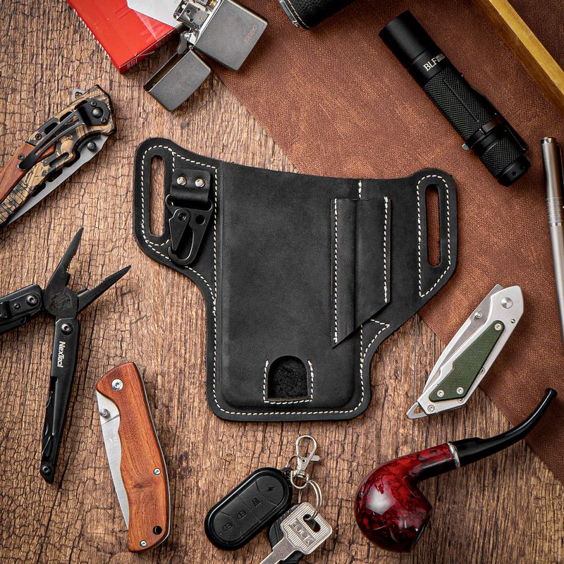 Män Äkta Läder Edc Multitool Mobiltelefon Penna Nyckelring Organizer Midjebältesväska