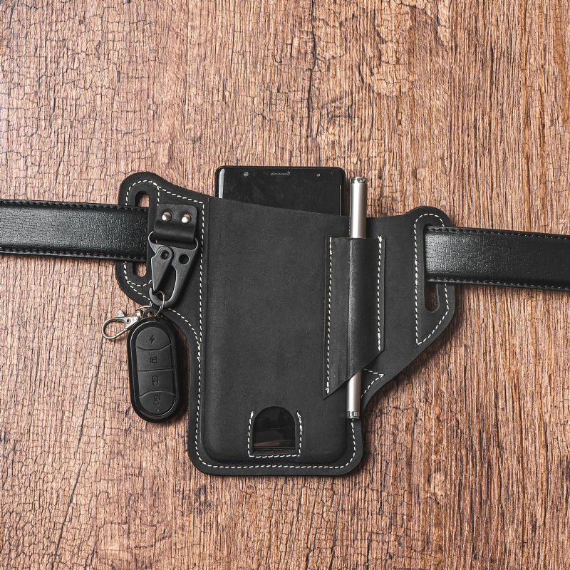 Män Äkta Läder Edc Multitool Mobiltelefon Penna Nyckelring Organizer Midjebältesväska