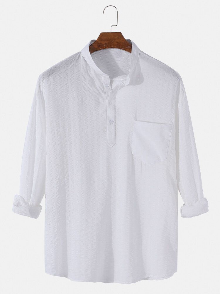 Enfärgad Textur För Män Långärmad Casual Henley-skjortor Med Ficka