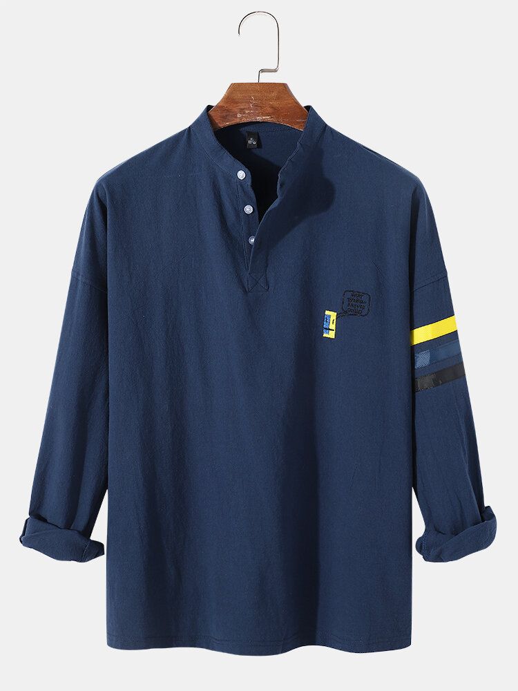 Fnuuy Mönster För Män Slogant Broderi Sidrandig Preppy Henley Shirt