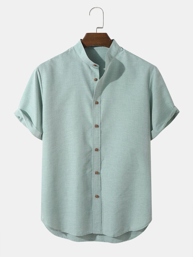 Herr Casual Enfärgad Grandad Collar Button Up-skjortor