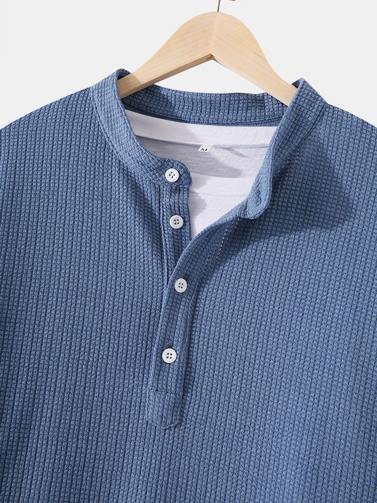 Herrstickning Jacquard Solid Texture Långärmade Henley-skjortor