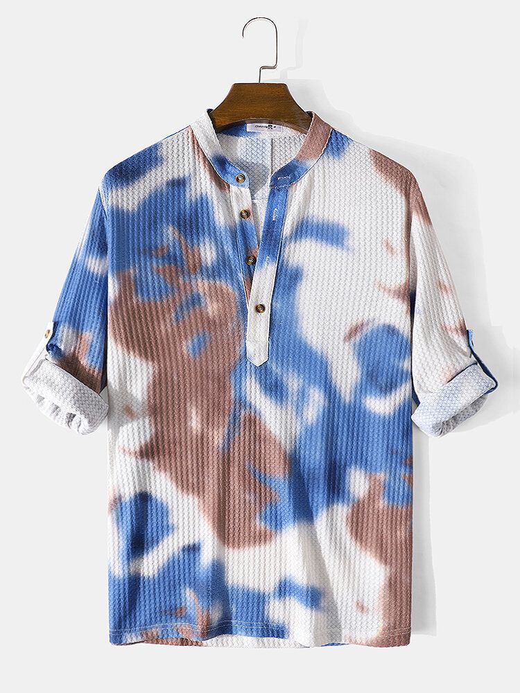 Tie-dye Waffle Designer Långärmad Casual Henley-skjorta För Män