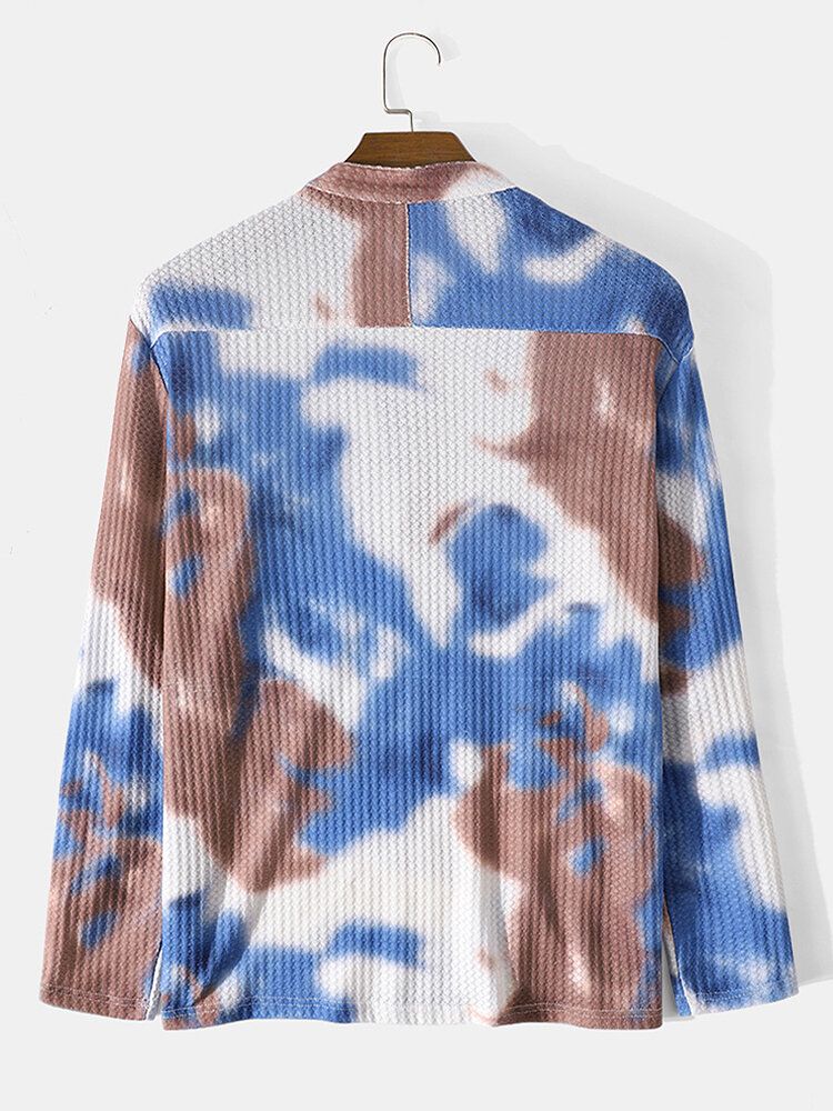 Tie-dye Waffle Designer Långärmad Casual Henley-skjorta För Män