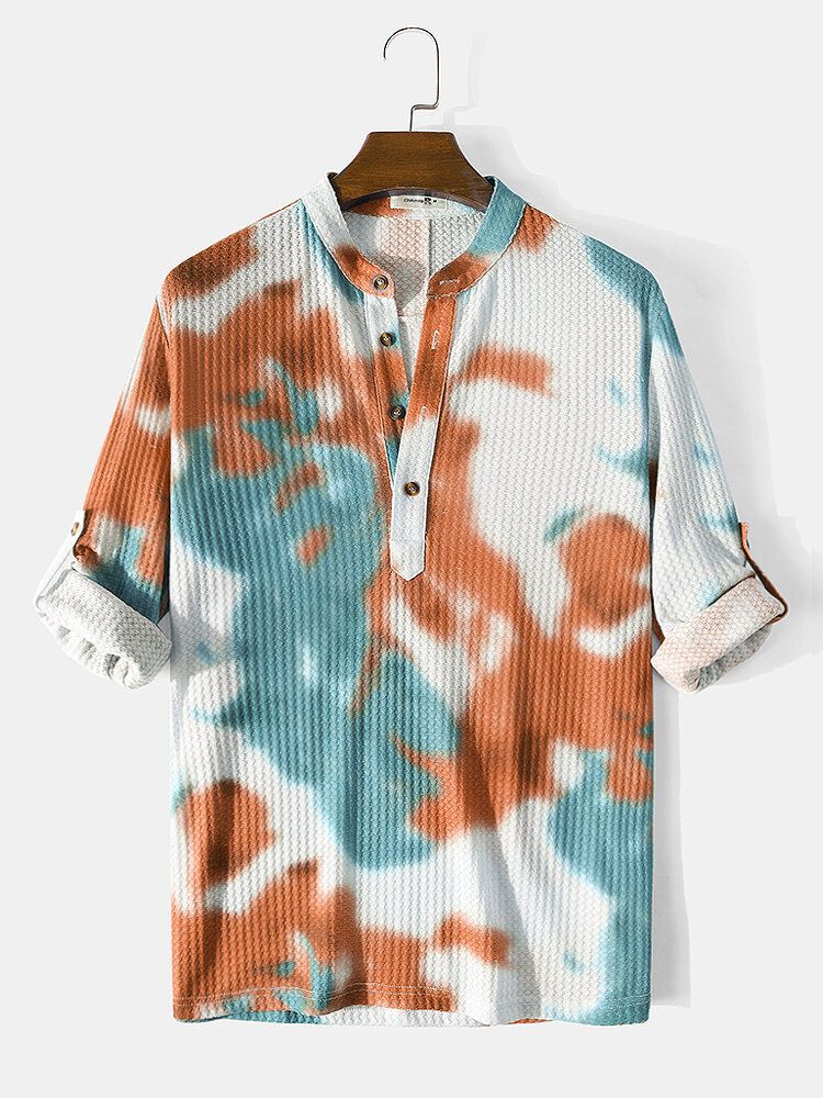 Tie-dye Waffle Designer Långärmad Casual Henley-skjorta För Män